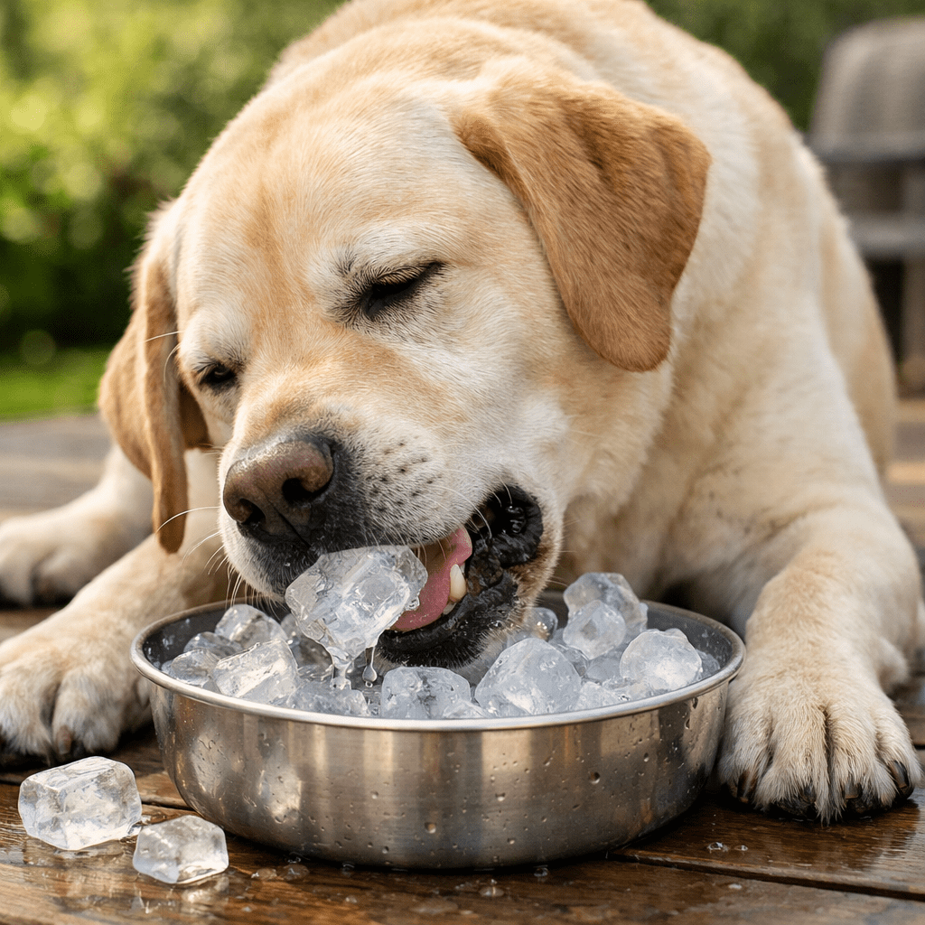 Labrador dog biting ice cubes in a metal bowl on wooden surface outdoors